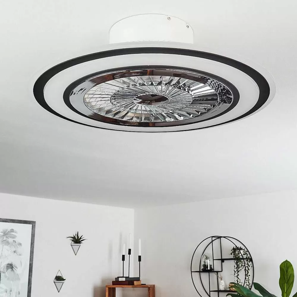 hofstein Ventilateur De Plafond Terradura Led Chrome, Noir, Blanc, 1 Lumiere, Telecommandes
