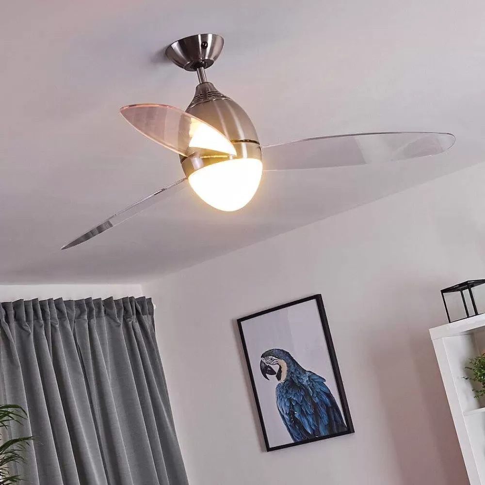 hofstein Ventilateur De Plafond Varazze Nickel Mat, Transparent, 1 Lumiere, Telecommandes