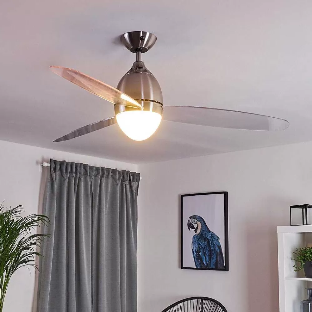 hofstein Ventilateur De Plafond Varazze Nickel Mat, Transparent, 1 Lumiere, Telecommandes