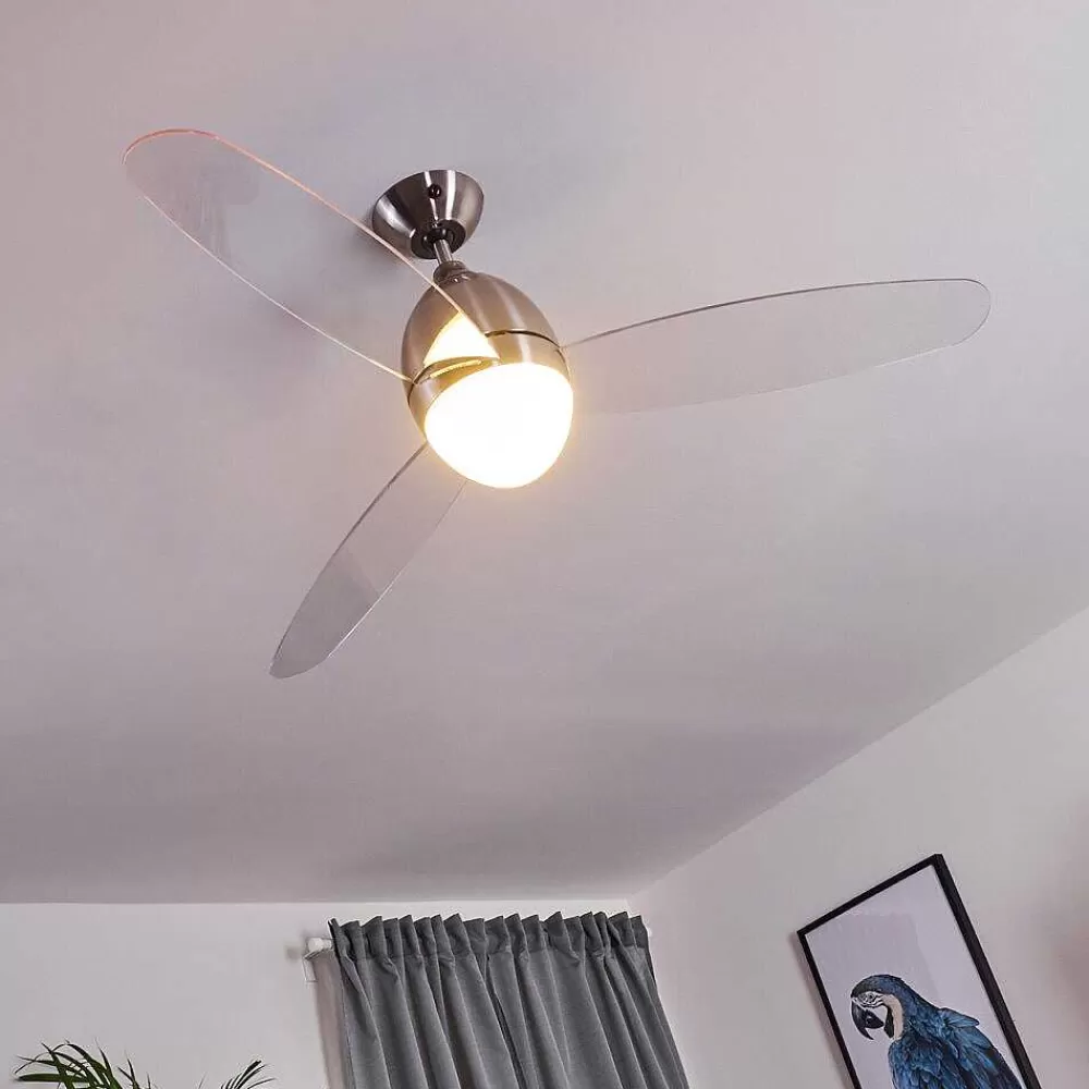 hofstein Ventilateur De Plafond Varazze Nickel Mat, Transparent, 1 Lumiere, Telecommandes
