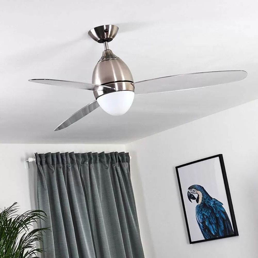 hofstein Ventilateur De Plafond Varazze Nickel Mat, Transparent, 1 Lumiere, Telecommandes