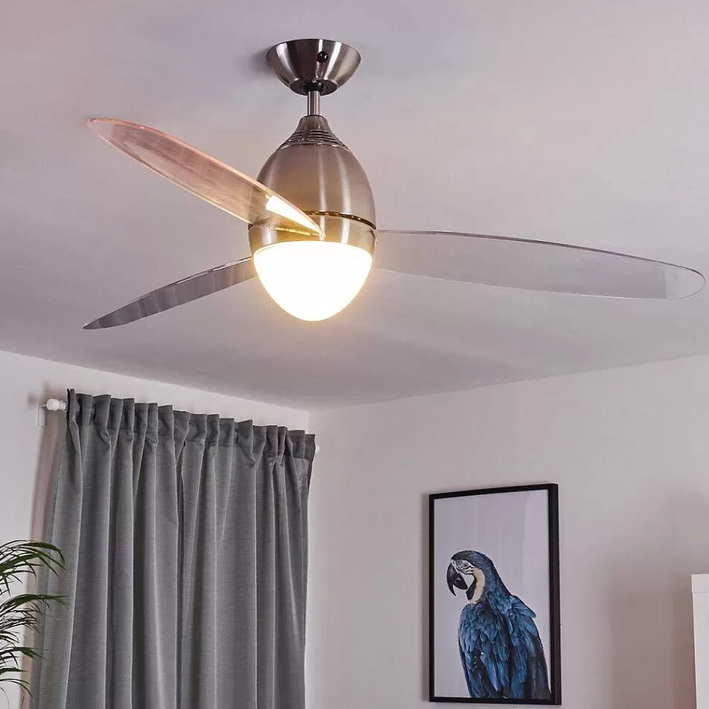 hofstein Ventilateur De Plafond Varazze Nickel Mat, Transparent, 1 Lumiere, Telecommandes