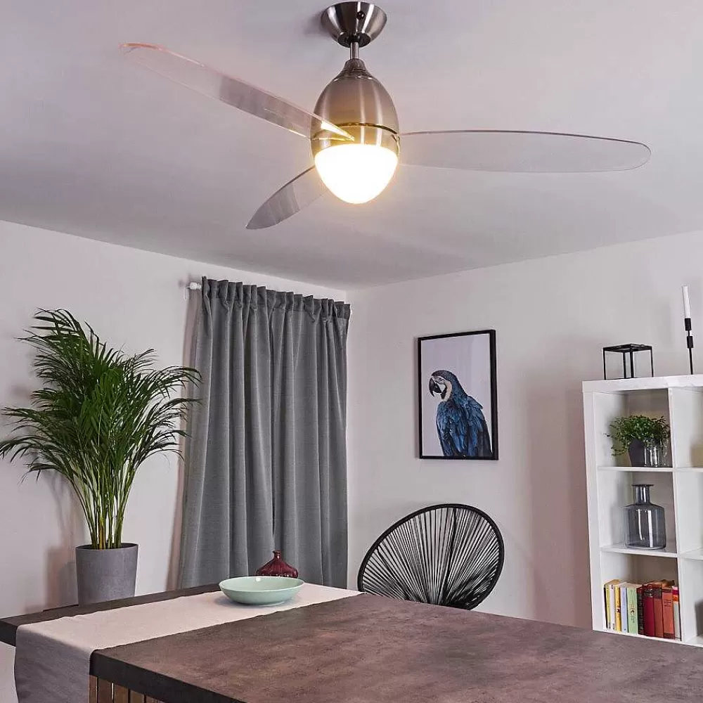 hofstein Ventilateur De Plafond Varazze Nickel Mat, Transparent, 1 Lumiere, Telecommandes