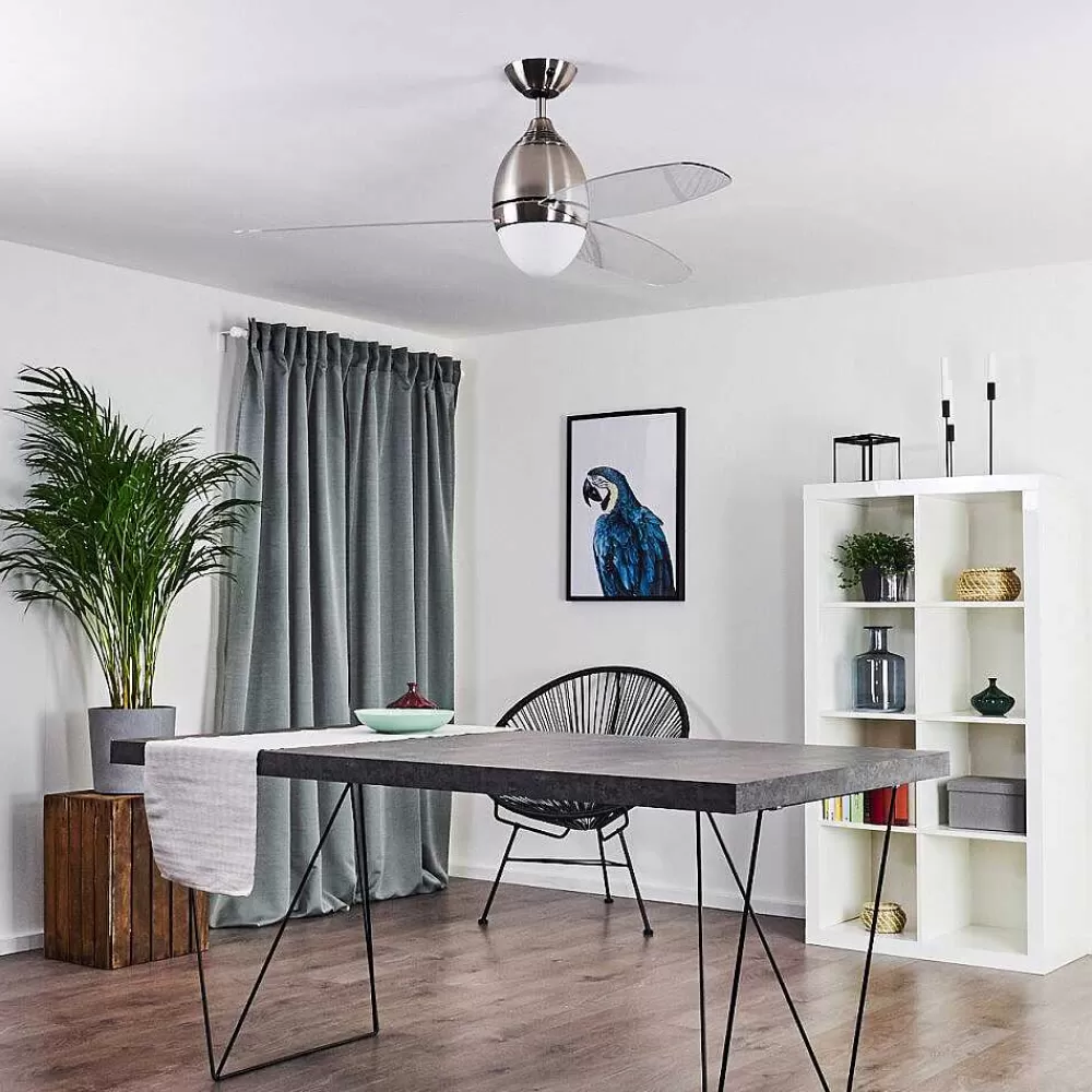 hofstein Ventilateur De Plafond Varazze Nickel Mat, Transparent, 1 Lumiere, Telecommandes