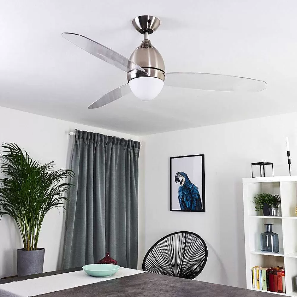 hofstein Ventilateur De Plafond Varazze Nickel Mat, Transparent, 1 Lumiere, Telecommandes