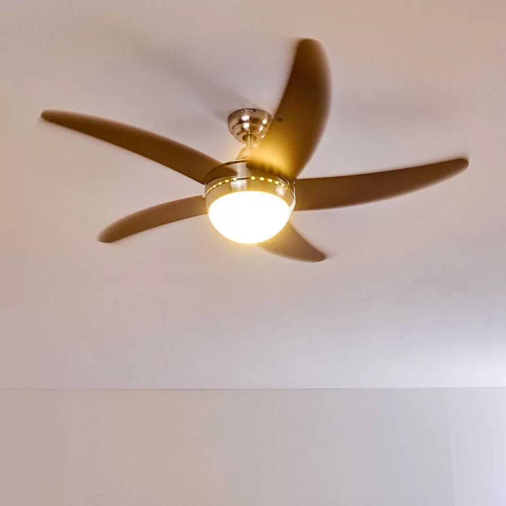 hofstein Ventilateurs De Plafond Morino Brun, Nickel Mat, 2 Lumieres, Telecommandes